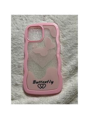 Pink Butterfly Clear IPhone 13 Pro Max Phone Case Glitter Sparkle Wave Design